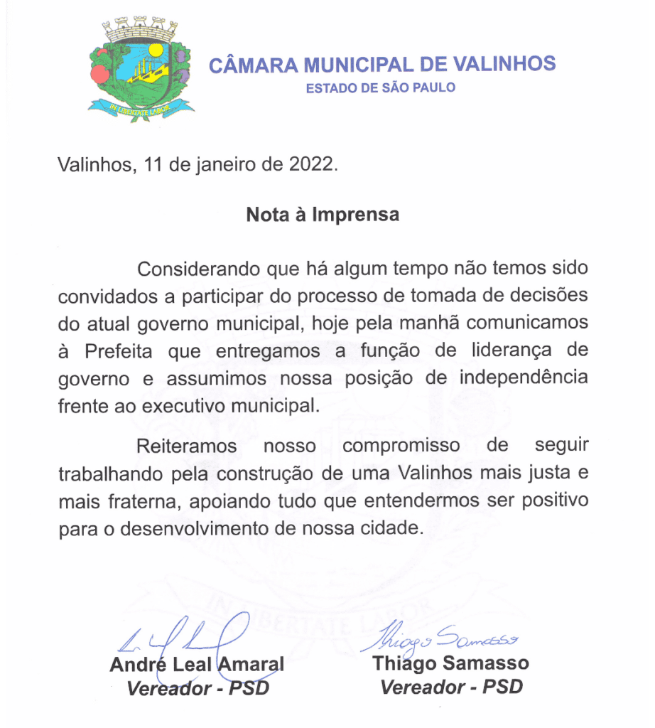 Vereador André Amaral se afasta do Governo Lucimara após compra suspeita - Nota à Imprensa - Independência frente ao governo municipal