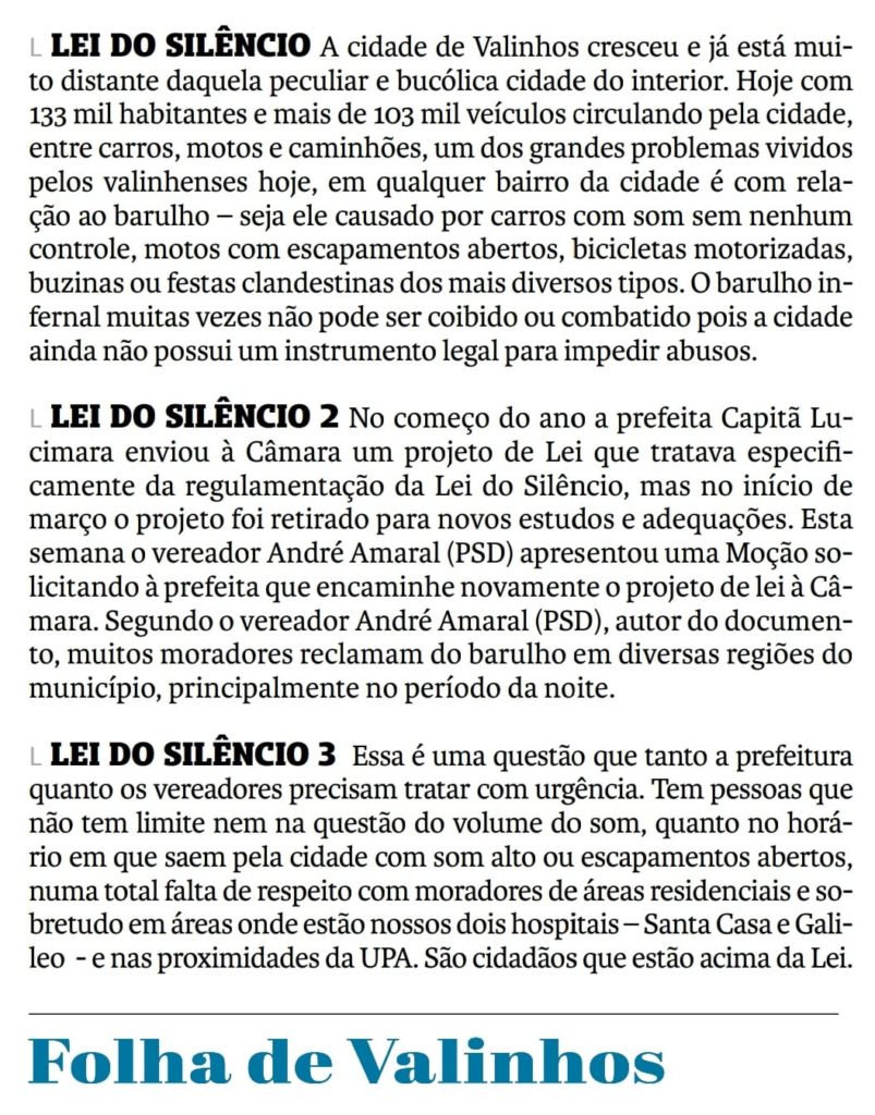 Vereador André Amaral lidera moção pedindo regulamentação da “Lei do Silêncio” em Valinhos