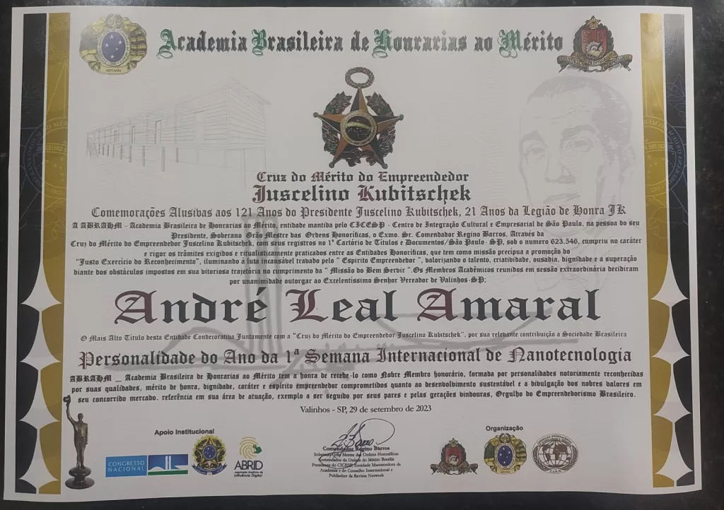 André Leal Amaral - Personalidade do Ano da 1a Semana Internacional de Nanotecnologia "Nanoweek 2023"