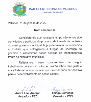 Vereador André Amaral se afasta do Governo Lucimara após compra suspeita - Nota à Imprensa - Independência frente ao governo municipal